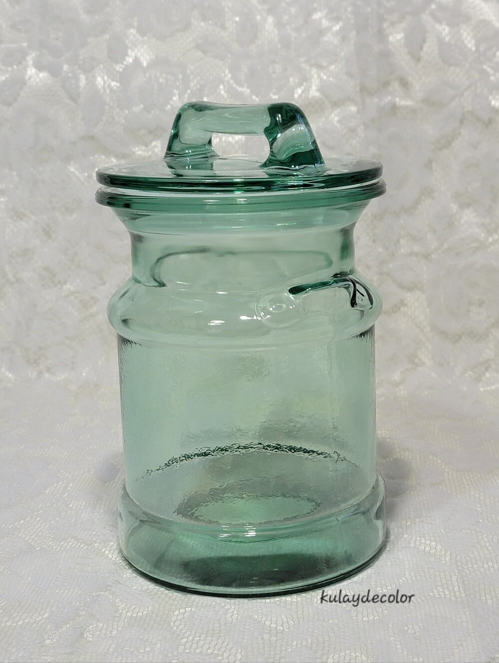 Vintage Green Glass Cookie Jar Canister Storage Jar w/ Lid Recycled Glass Style - Picture 3 of 16